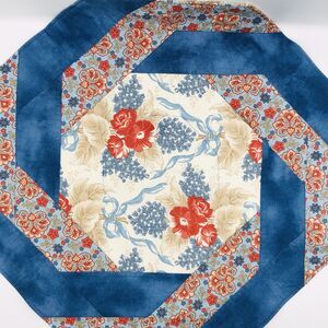 Handmade Quilted Table Topper Centerpiece Blue Floral Octagon Decor 20x20
